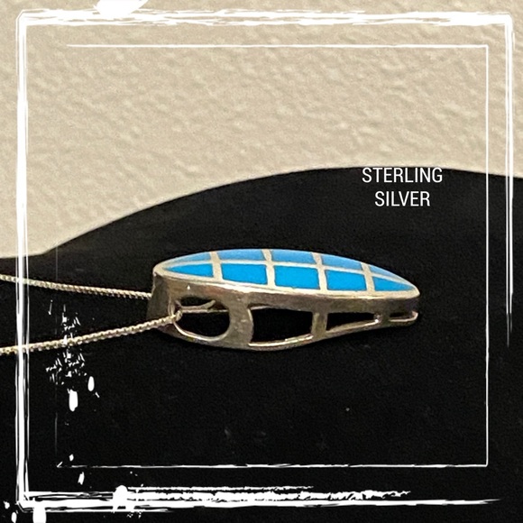 Turquoise Inlay Sterling Silver Oval Pendant Necklace - Picture 5 of 9